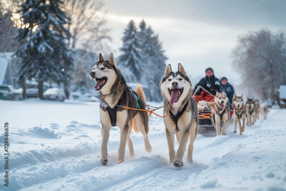 In the freezing winter, a team of greenland dogs transport people through the snow-covered landscape, their powerful bodies pulling a sled in a display of strength and teamwork In the freezing winter, a team of greenland dogs transport people through the snow-covered landscape, their powerful bodies pulling a sled in a display of strength and teamwork