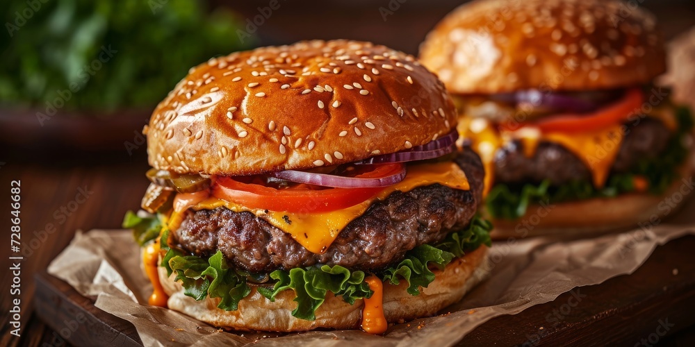 Cheeseburgers made at home, served on a wooden table, Generative AI Cheeseburgers made at home, served on a wooden table, Generative AI