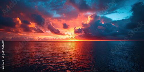 Calm Sea sunset landscape. Purple, pink, orange fiery golden hour evening sky in the horizon. Mindfulness, meditation, calmness, serenity, relaxation concept wallpaper background © Ars Nova