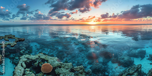 Great Barrier Reef on the coast of Queensland, Australia seascape. Coral sea marine ecosystem wallpaper background at sunset, with an orange purple sky in the evening golden hour © Ars Nova