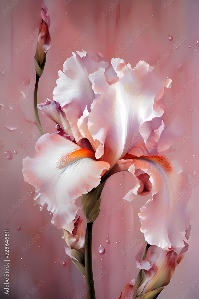 beautiful art with white peach fuzz-pink iris flower against pink abstract background. close up. paint watercolor style. Ai genarated