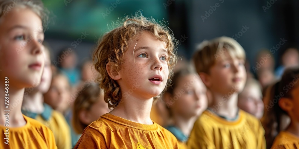 Children's choir rehearsing for talent show at holiday camp, Generative AI Children's choir rehearsing for talent show at holiday camp, Generative AI