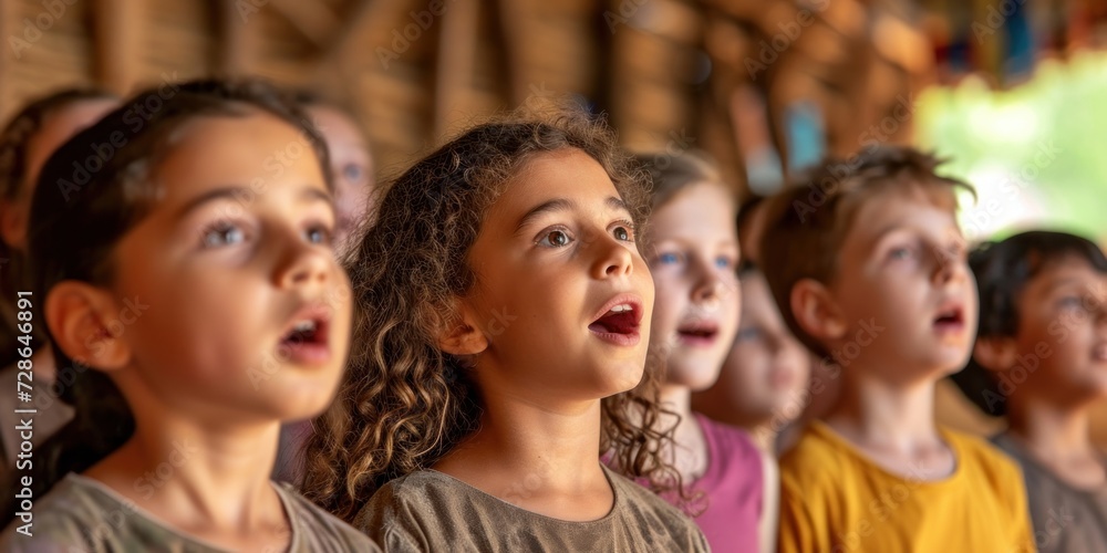 Children's choir rehearsing for talent show at holiday camp, Generative AI Children's choir rehearsing for talent show at holiday camp, Generative AI