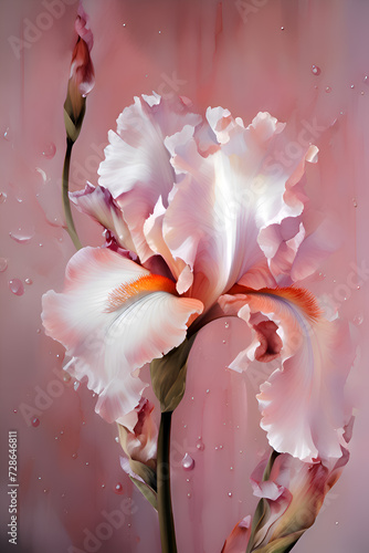Obraz na płótnie beautiful art with white peach fuzz-pink iris flower against pink abstract background. close up. paint watercolor style. Ai genarated w salonie