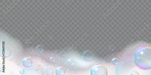 soap suds, realistic rainbow airy soap foam with bubbles on transparent cut out background