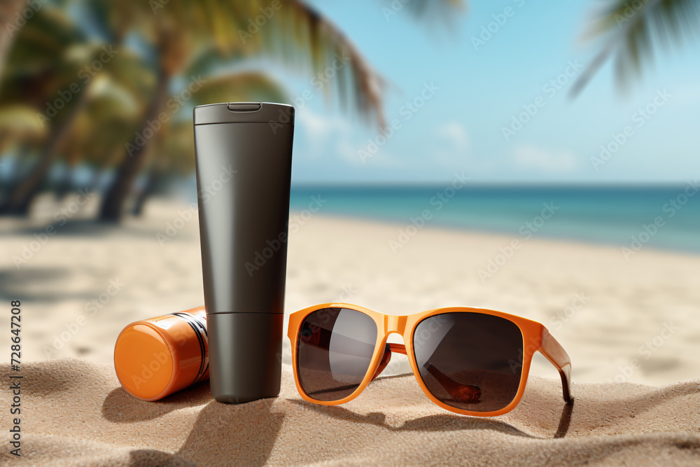 sunscreen bottle and sunglasses on the beach