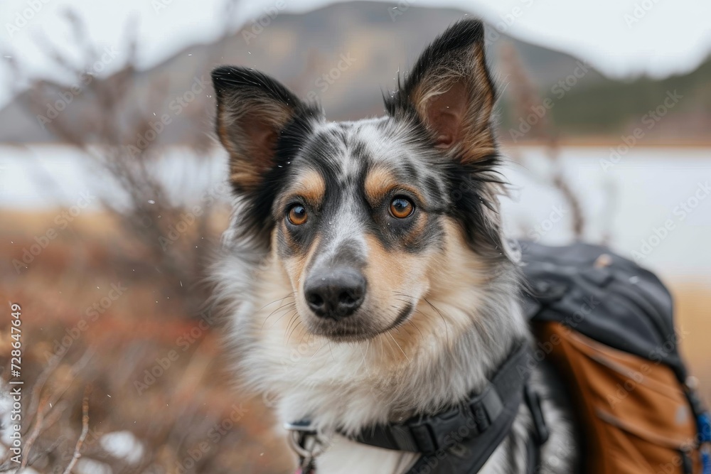 Fototapeta premium A majestic canis shepherd stands proudly against the crisp winter sky, showcasing its striking black and white coat as it gazes into the great outdoors with loyalty and grace
