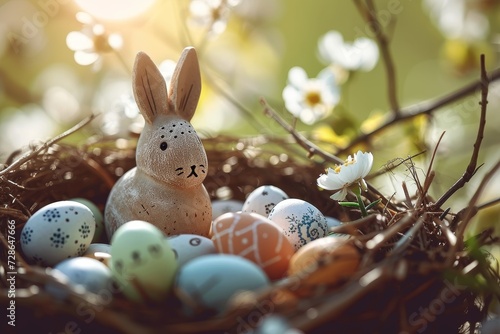 A curious domestic rabbit discovers an unlikely home among a nest of colorful easter eggs, nestled among the plants and birds of the great outdoors