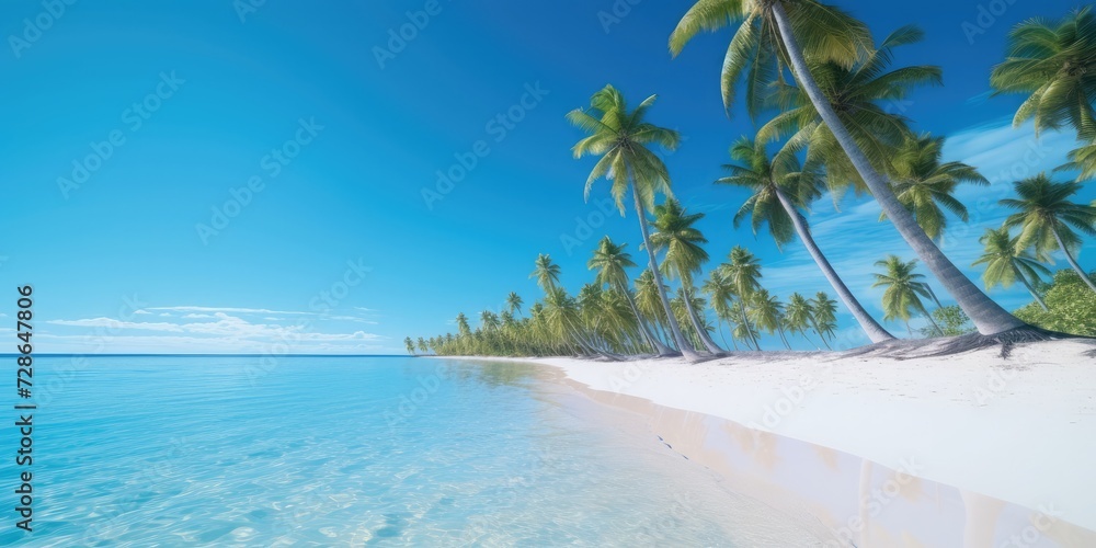 A beach scene with palm trees, white sand, and crystal-clear blue water, Side view, 