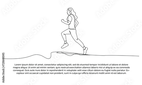 One continuous line design of a woman jogging. Single line decorative element drawn on white background.