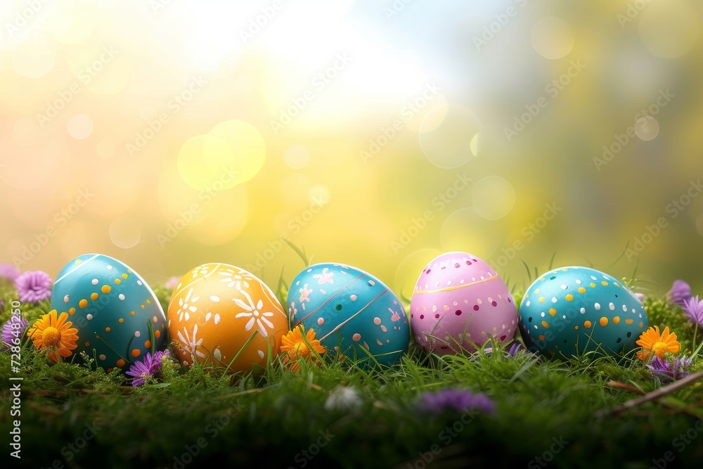 Vibrant easter eggs rest among blades of grass, their spherical shapes adorned with intricate designs and surrounded by delicate flowers, evoking the joy and beauty of the spring season Vibrant easter eggs rest among blades of grass, their spherical shapes adorned with intricate designs and surrounded by delicate flowers, evoking the joy and beauty of the spring season