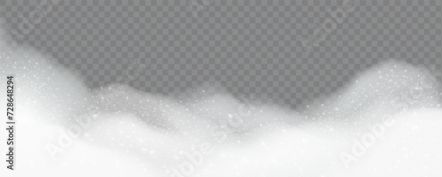 soap suds, realistic white airy soap foam with bubbles on transparent cut out background photo