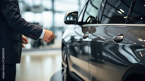 A hand touching a grey suv in a car showroom,