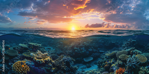 Great Barrier Reef on the coast of Queensland, Australia seascape. Coral marine ecosystem underwater split view, golden hour sunset evening sky wallpaper background © Ars Nova