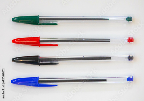 ballpoint pens in different colors. Old and traditional pens.