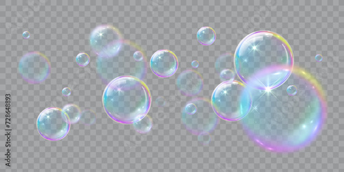 Soap bubbles, illustrations of realistic transparent soap bubbles on transparent cut out background