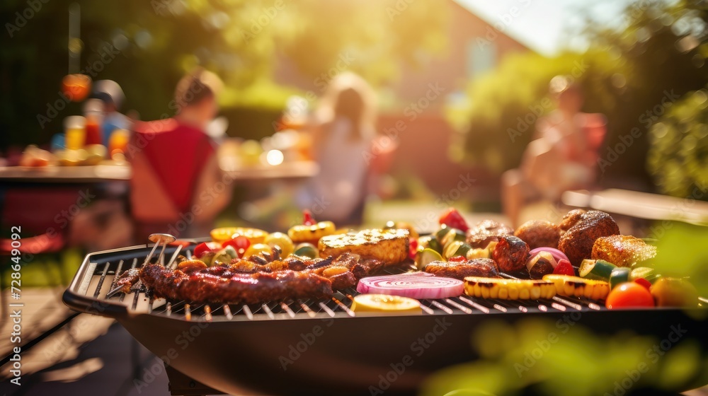 A photo of a family and friends having a picnic barbeque grill in the garden. having fun eating and enjoying time.