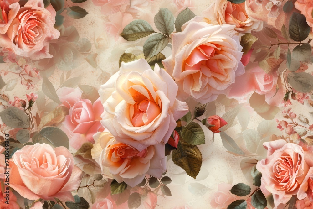 custom made wallpaper toronto digitalA mesmerizing display of soft pink roses in various stages of bloom, set against a backdrop of dark green foliage.