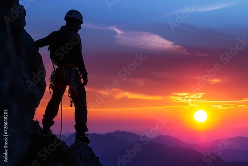 The silhouette of a contemplative climber equipped with gear, pausing to view the sunset over a mountainous horizon.