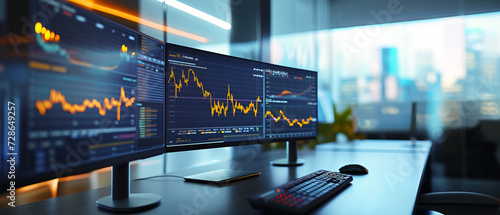 A stock trader's computer, Financial charts and graphs technology have wave data, a trader's desk, screen computer charts background cover banner ultrawide size website 