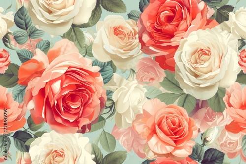 A seamless vintage wallpaper pattern showcases pastel-toned roses in full bloom, evoking a sense of romance and timelessness in its design.