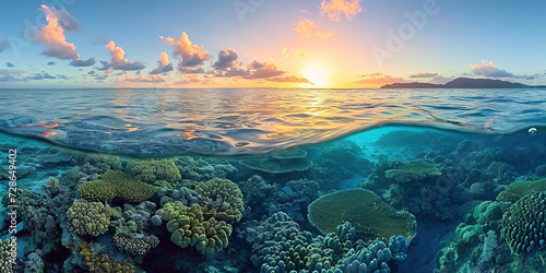 Great Barrier Reef on the coast of Queensland, Australia seascape. Coral marine ecosystem underwater split view, golden hour sunset evening sky wallpaper background