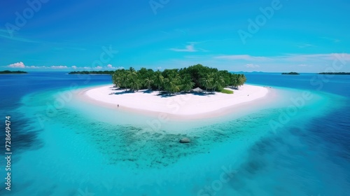 A small island in the middle of the ocean, surrounded by turquoise blue water and white sand beaches,