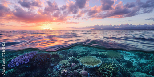 Great Barrier Reef on the coast of Queensland, Australia seascape. Coral marine ecosystem underwater split view, golden hour sunset evening sky wallpaper background