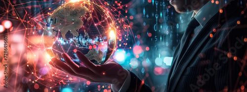 A Man in a suit holding a technological globe, A man hold globe Vibrant Fiber Optics Lights Illuminate a Cosmic Swirling Colors, High-Tech Concept ,Technology Background, banner ultrawide website 21:9