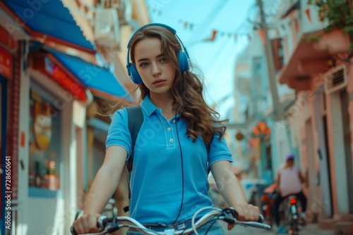 outdoor portrait of a young girl on bike with earphone, urban style context, 20yo, stylish