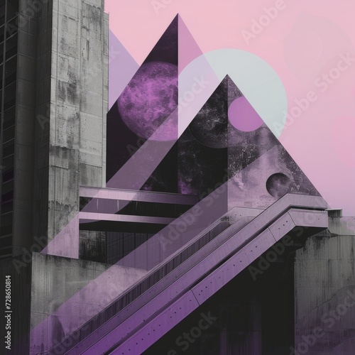geometric drawings of cities and buildings, digital collage mixed media style #728650814