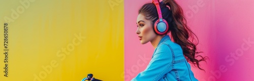 outdoor portrait of a young girl on bike with earphone, urban style context, 20yo, stylish