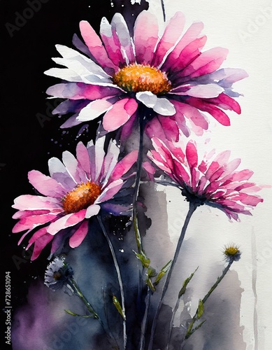 Daisies painted in watercolor photo cyberpunk hyper realistic watercolor pink flowers isolated against black and white with copy space