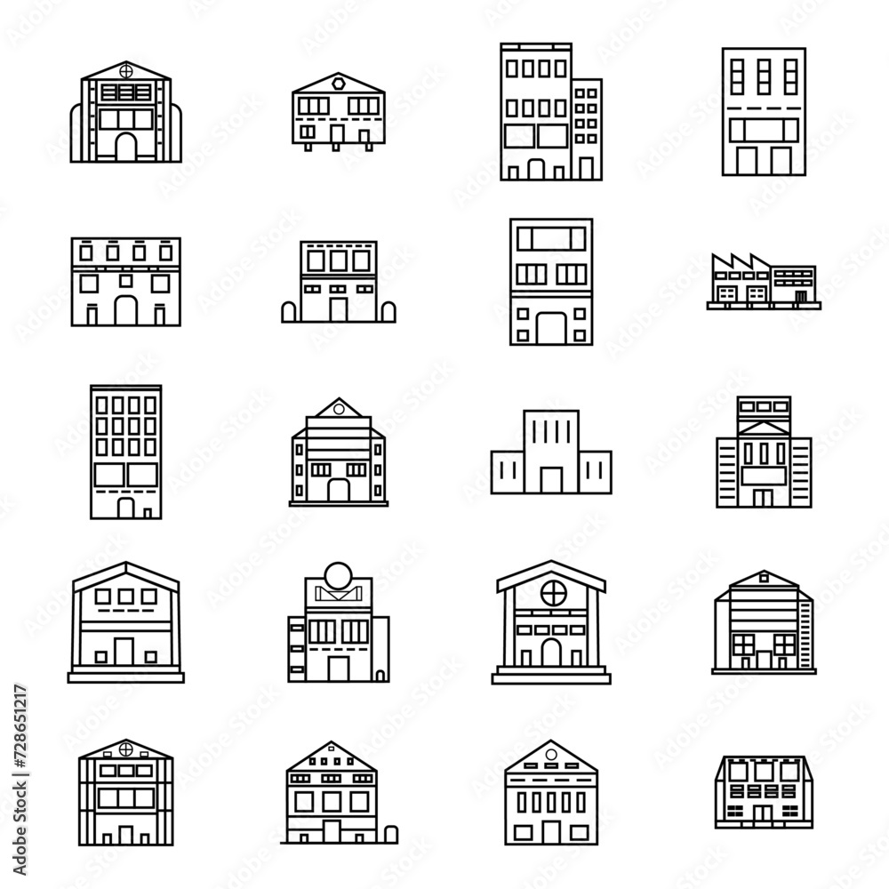 PrintBuildings line icon set. Bank, school, courthouse, university, library. Architecture concept. Can be used for topics like office, city, real estate