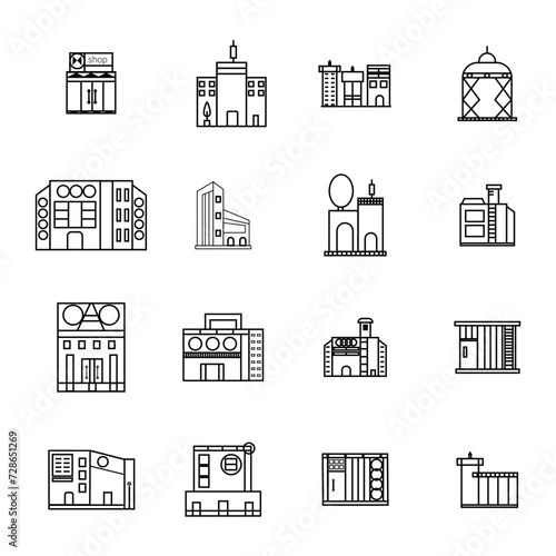 Buildings line icon set. Bank, school, courthouse, university, library. Architecture concept. Can be used for topics like office, city, real estate