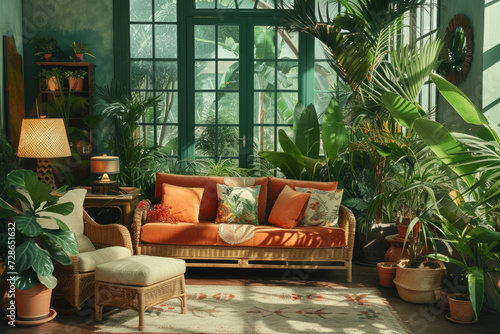 Boho interior design of living room with sofa and rattan armchair, with many plants