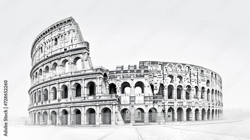 Colosseum in Rome, Italy. Black black pencil artistic drawing, on white background. Ai generative.