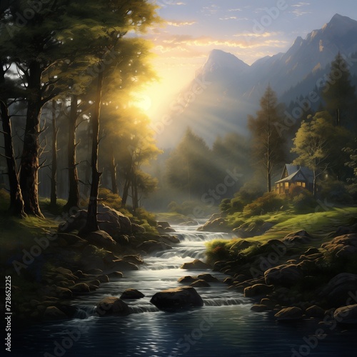 A natural view of a little cottage in forest and river with mountain background in the morning with sun ray