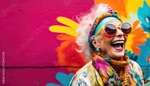 Very bright and happy old woman laughing in stylish glasses on a multi-colored background photo