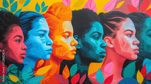 A vivid mural filled with symbols of female empowerment