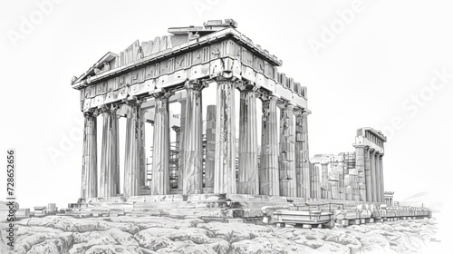 The Parthenon in Athens, Greece. Black black pencil artistic drawing, on white background. Ai generative.