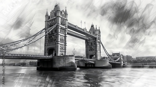 Tower Bridge in London on a cloudy day.. Black black pencil artistic drawing  on white background. Ai generative.