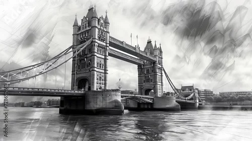 Obraz Tower Bridge in London on a cloudy day.. Black black pencil artistic drawing, on white background. Ai generative.