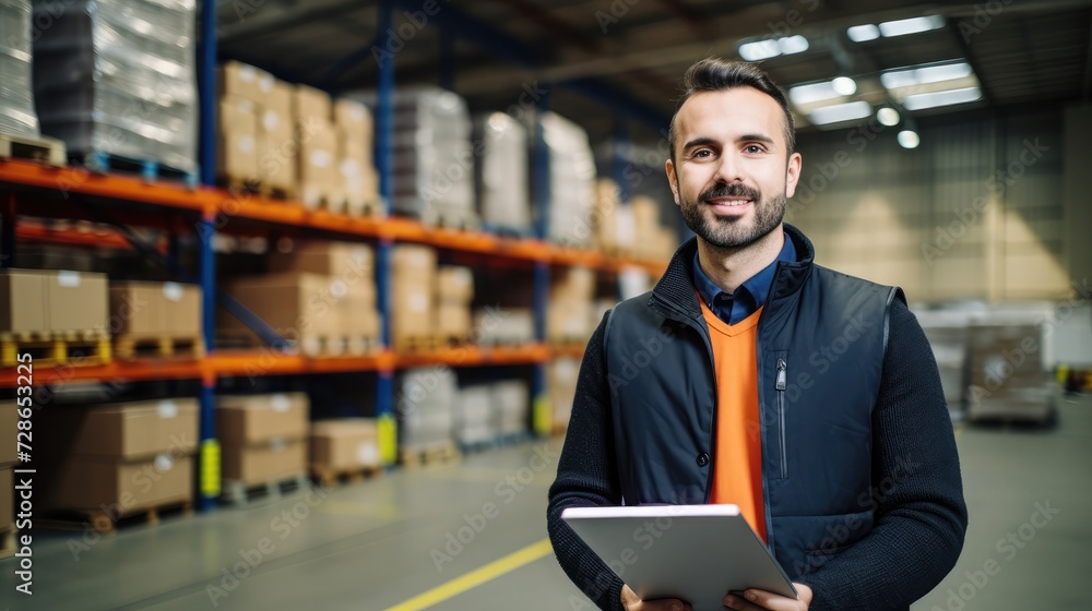 Portrait of employee with laptop coordinates delivery in industrial warehouse.Running servers in data center Portrait of employee with laptop coordinates delivery in industrial warehouse.Running servers in data center