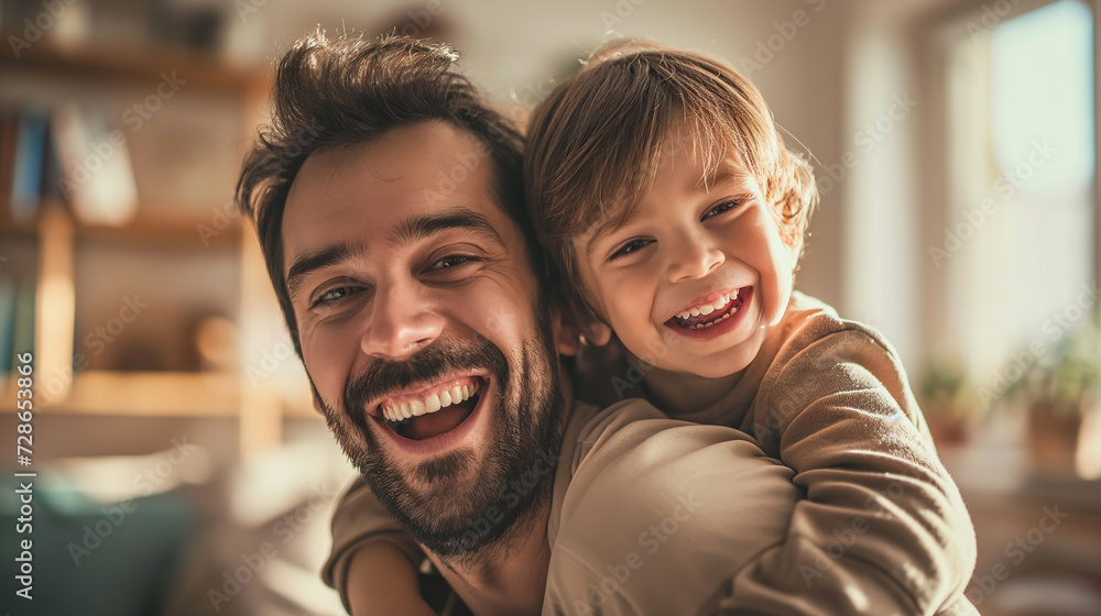 A heartwarming moment captured as a smiling father gives his giggling toddler son a piggyback ride at home. A heartwarming moment captured as a smiling father gives his giggling toddler son a piggyback ride at home.