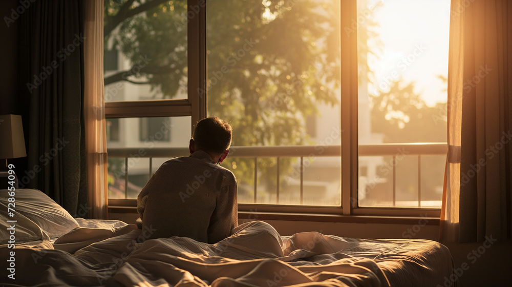 An individual sits in solitude, gazing out of a bedroom window as the morning sun casts a warm glow, evoking a sense of reflection. An individual sits in solitude, gazing out of a bedroom window as the morning sun casts a warm glow, evoking a sense of reflection.