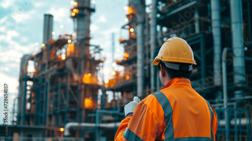 A professional engineer in a hard hat and high-visibility jacket observes the complex operations of a petrochemical plant.