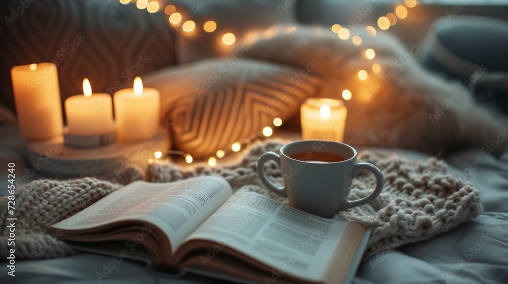 Cup of tea with paper open book and burning scented candles on marble table over cozy chair and glowing lights in bedroom closeup. Winter holiday season.