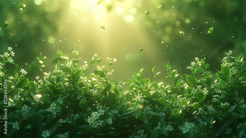 In spring, sunlight shines on the green forest