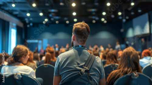 A young man with a backpack attentively listening to a speaker at a crowded educational seminar or conference.